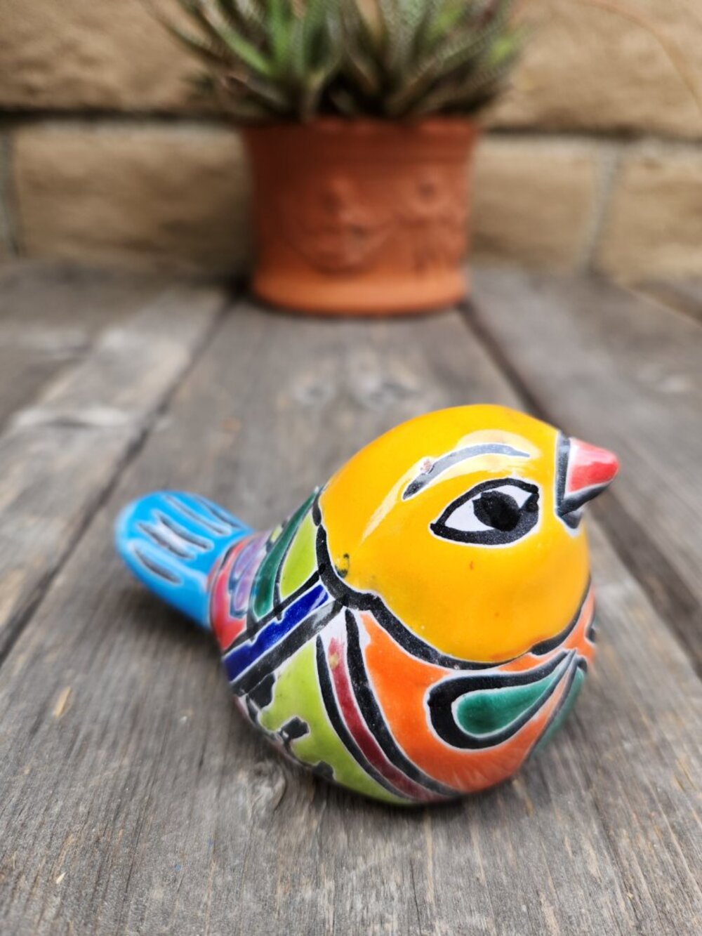 3.75" Talavera Gold Finch Bird Statue GOLD/GREEN/BLUE TAIL Garden Home Decor